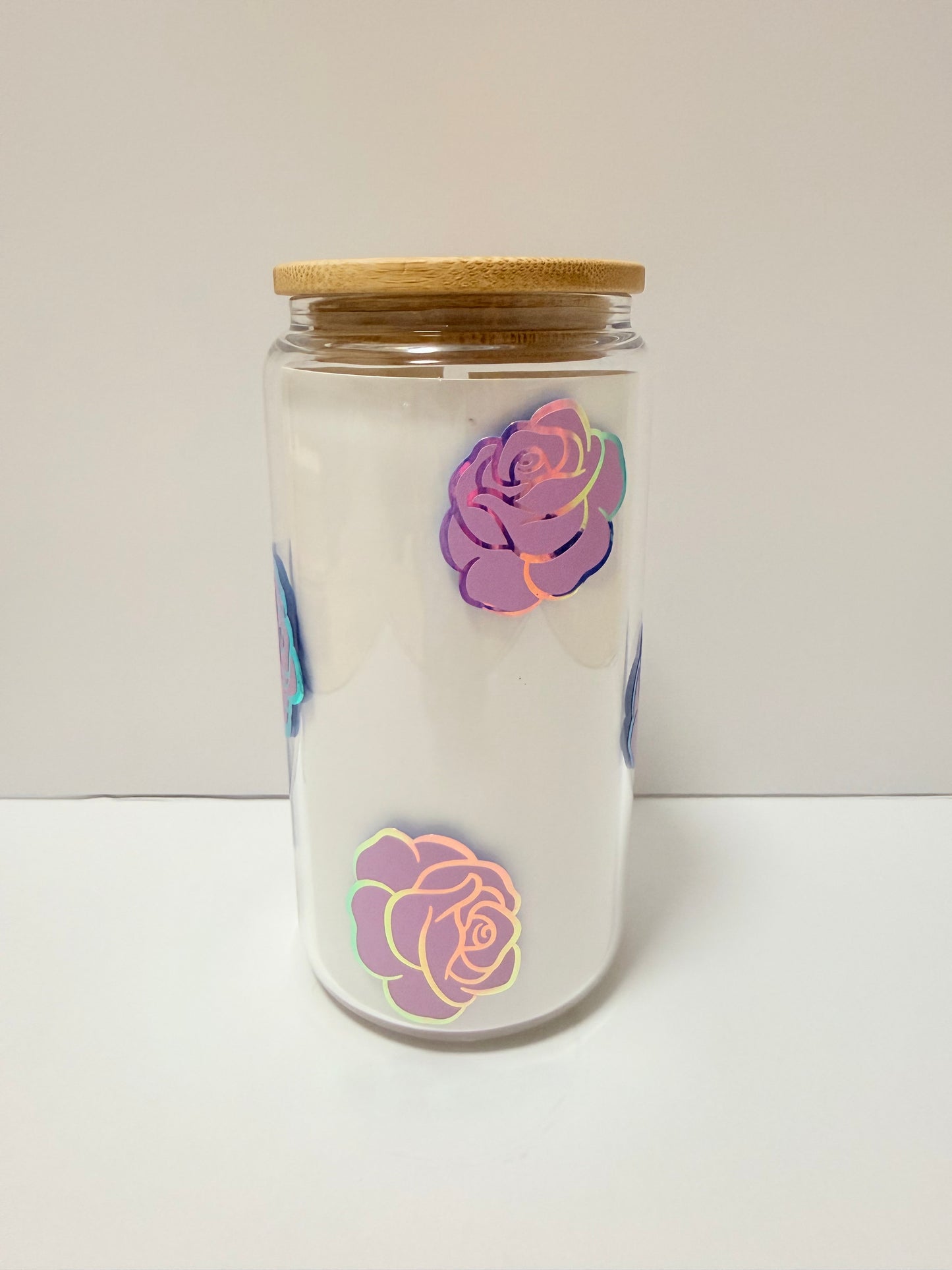 Holographic Rose 16oz Glass Can Cup