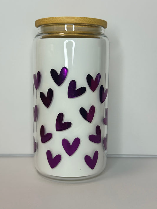Midnight Plum Hearts 16oz Glass Can Cup