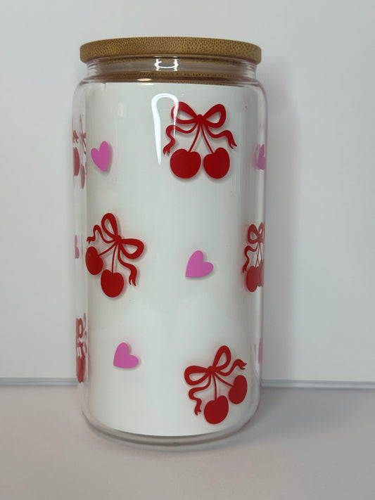Cherry Hearts 16oz Glass Can Cup
