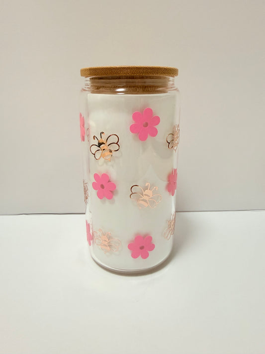 Pink Daisy & Gold Bee 16oz Glass Can Cup